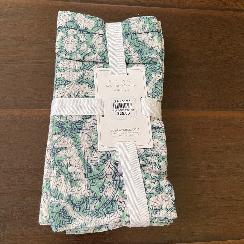 Sur La Table vintage scroll Blue Teal Cloth Napkins 20"x20" (set of 12) NWT! - Picture 6 of 8